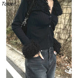 Gothic Faux Fur Collar Sweaters Cardigans Women Punk Style Furry Slim V Neck Sweater Kpop Streetwear Casaul Coats