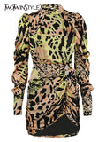 TWOTWINSTYLE Leopard Dress For Women Turtleneck Puff Long Sleeve High Waist Ruched Print Dresses Female 2022 Autumn Fashion