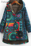 Fashion Female Jacket Plush Coat Women Windbreaker Winter Warm Outwear Floral Print Hooded Pockets Vintage Loose