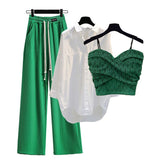 Summer New Lace Suspender White Shirt Wide Leg Pants Three-piece Elegant Women Pants Set Summer Outfits