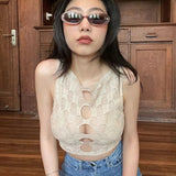 Vintage Hollow Out Tank Tops Korean Fashion Hole Crop Tops Y2k Harajuku Knitted Vest Women Chic Plaid Sexy Slim Tops