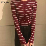 Women Long Sleeve T-shirts Button Pullover Skinny Sexy Knitted Spring New Retro Gentle Korean Style Elegant Chic