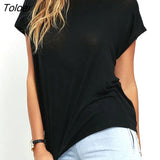 Hot Sale Women Casual Backless Short Sleeve TShirt Summer Casual Loose O-neck Tops Tees Black white Open Back T