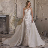 Graduation Party Gift Mermaid Wedding Dresses Glitter Appliques Lace Detachable Train Charming Sleeveless Bride Gowns Vestido De