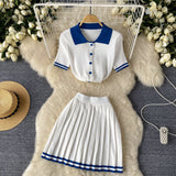 Hot Babes Hit The Color Polo Collar Short-Sleeved Shirt Top + High Waist Thin 100-Folded Skirt Two Sets Of