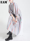 Women Striped Spliced Long Shirt Dress New Stand Collar Three-quarter Sleeve Loose Fit Fashion Spring Autumn 2023