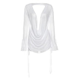 Sisterlinda Casual Sexy Mesh 2Piece Set Women Deep V-Neck Long Sleeve Backless Top+Shirring Skirt Party Clubwear Matching