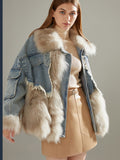2022 Women Winter Denim Jacket Oversize Large Fur Collar Plus Velvet Jacket Detachable Thick Loose Warm Bomber Jean