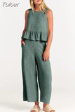 Summer Casual Sleeveless Pleated Pants Sets Wide-leg Loose Clothes 2 Piece Sets O Neck Trouser Suits Two Piece Set
