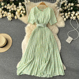 Women Summer Pleated Print Dress 2022 Vacation Sashes Floarl Gentle Short Sleeves Ladies Slim A Line Long