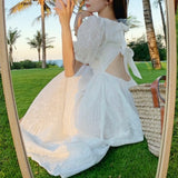 Piece Dress Korean Puff Sleeve Sexy Midi Dresses Beach Sundresses for Women Summer 2021 Backless Design Square Collar