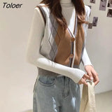 Women's Brown Vest Coats Fashion V-neck Single Breasted Design Sleeveless Cardigans Argyle Matching Colors Waistcoat
