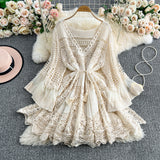 Dali Tourism Holiday Dress Women New Gentle Wind Tied V Tie Horn Sleeve Hollow Knitting