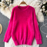 Plush Sweater Women Loose Gentle Long Sleeve Fashion O Neck Korean Top 2022 Winter Solid Streetwear Knitted