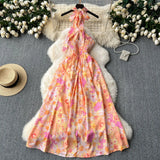 Hollow Hanging Neck Sling Dress Female Pure Lust Atmosphere Feel Waist Thin Temperament Super Fairy Holiday Floral