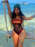 Mesh Fishnet Hollow Out Beach Bodysuit 2023 Summer Clothes for Women Outfit Letter Print Sleeveless One Piece Jumpsuit