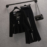 Spring New French Elegant Women's Pants Set Fashion Velvet Coat Trousers Two-piece Set Female Casual Wear Tracksuit