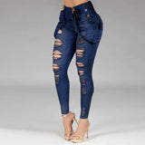 Women Jeans High Waisted Straight Skinny Stretchy Pant Streetwear Ladies Hole Washed Bandage Denim Pencil Pants Trousers