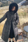 Women 90% White Duck Down Coat Long Fur Hooded Rhombus Pattern Parka Argyle Long Plaid Bubble Jacket Snow