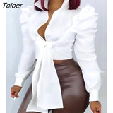 Spring Summer Buttoned Puff Sleeve Tied Detail Top Women Solid White Turn Down Collar Long Sleeve Sexy T-Shirts Female