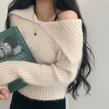 Solid Lapel Neck Fuzzy Sweater-Outfit