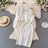 Botton Knitted Women Sets Loose Long Sleeves Cardigan+ Solid Elastic Dress French Style Casual Two Piece