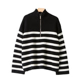 Ribbed Stripes Half-Zip Sweater Women Autumn Winter Clothing 2022 Oversized Pullovers Jumpers Femme Fashion Streetwear