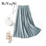 Pleated Midi Skirt Elastic High Waist Sweet Casual 2020 Summer Slim Long Preppy Woman's Skirts Maxi Black Skirt