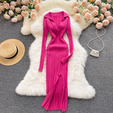 Women Korean Knitted Dress Long Sleeve V Neck Elastic Slim Pencil Dresses 2022 Autumn Sexy Bodycon Split Sweater
