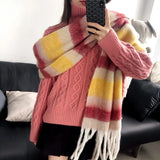 Winter Color Block Thickened Scarf Shawl Female Korean Style Versatile Four Color Gradient Tie Dye