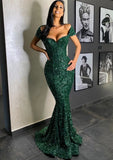 Elegant Green Shortsleeve Sequins Mermaid Evening