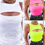 Women Fashion Sexy Summer Vest Sexy Women Chest Hollow Buttoned Top Blouse Slim Sleeveless Round Neck Vest ladies Clothing