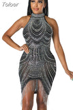 Fringed Crystal Mesh Black Dress Glitter Sexy Club Outfits Women Evening Party Birthday Gown Mini Dresses