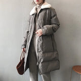 New women's winter down jacket faux rabbit fur collar long drawstring slim zipper ladies chic coat loose oversize outwear