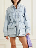 Toloer 2024 New Fashion Multi-Pocket Design Sense Waist Show Thin Long Work Style Denim Coat Female-Outfit