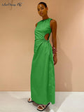 Summer Sleeveless Womens Green Party Dress Hollow Out Hole High Waist Long Dress Ladies Ankle-Length Bodycon