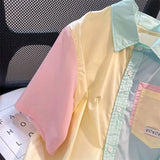 Short-sleeve Shirts for Women Patchwork Macarone Contrast Summer Blouse All-match Daily Chemise Femme Korean Chic