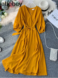 Vintage V Neck Autumn Midi Long Bandage Dress Party Vestido De Festa Evening Women Casual High Waist Elegant A-Line