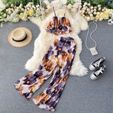 Bohemian Floral Two Piece Set Women Sexy Slash Neck Spaghetti Strap Short Tops + High Waist Wide Leg Pants Pleated 2pcs Suit