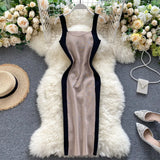Women's Knitting Sheath Letters Tank Dress Female Bodycon Knitted Camisole Sleeveless Patchwork Mini Dresses For
