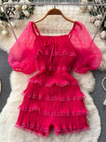 Pleated Design Splice Ruffled Jumpsuit Women Mesh Solid Square Neck Backless Zipper Ladies Chiffon Casual