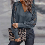 3XL Hollow Out Clothes Fashion Green Elegant Loose Lace Stitching Knitwear Blouses Women Long Sleeve V Neck Tops
