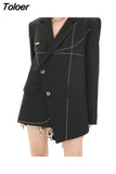 Fashion Women's Blazer Notched Collar Loose Deconstructed Shoulder Pad Open Line Suit Jackets Spring 2023 New