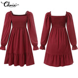 Celmia Elegant Women Ruffled Sundress 2022 Puff Long Sleeve Sexy Square Collar Mini Dress Casual Solid Pleated Party