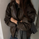 Vintage Pu Leather Oversized Zip Up Jacket-Outfit