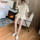 Women Sets Short Sleeve Turn-down Collar Shirts Elastic Waist Shorts Womens High Street Harajuku Solid Streetwear Casual 2