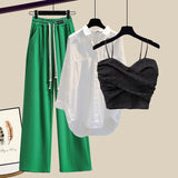Summer New Lace Suspender White Shirt Wide Leg Pants Three-piece Elegant Women Pants Set Summer Outfits