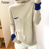 Collar Contrast Sweater Women Fall Winter Loose Bottoming Shirt 2021 Korean Fashion Blue Wool Long Sleeves Women