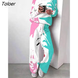 High Neck Knit Wide Leg Pants Suits Two-piece Set 2023 Autumn Winter New Printed Long Sleeve Women's Tops +