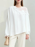 Toloer Chiffon Women's New Elegant Three-Dimensional Lace Pearl Yarn Micro Reveals Shoulder Belt Long-Sleeved Shirts In Spring